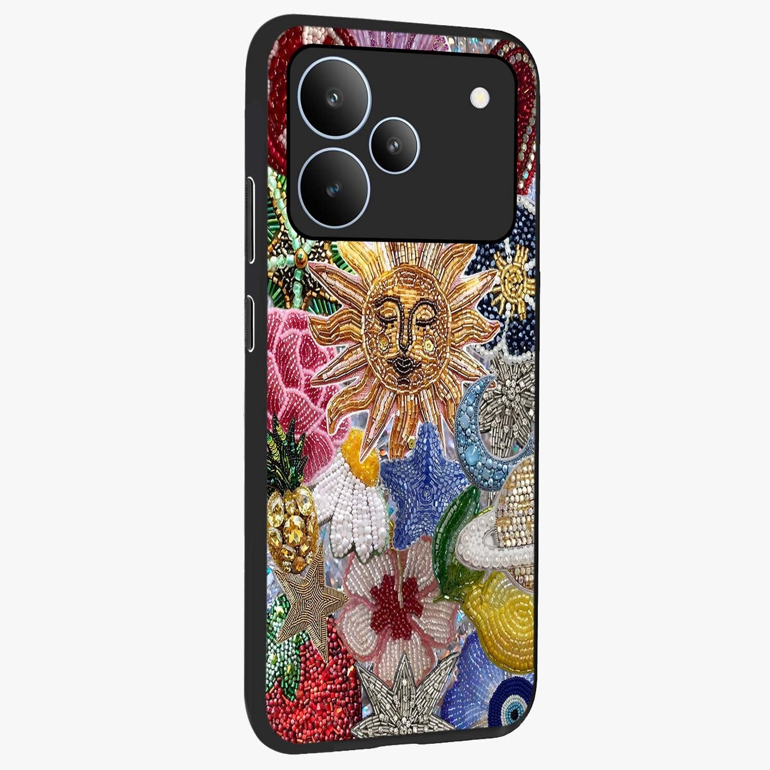 Celestial Floral and Playful Glass Case upright view showcasing whimsical floral artwork with cosmic aesthetic theme.