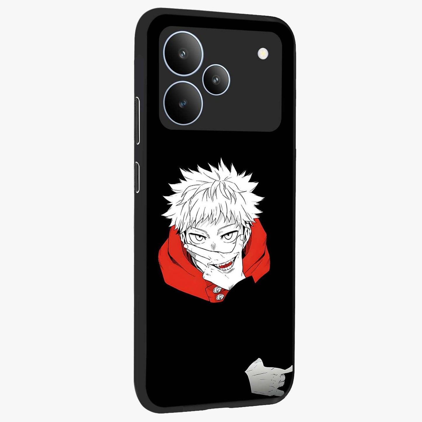 Crimson Chaos Smile Glass Case upright view showcasing expressive chaotic artwork with striking visual theme.