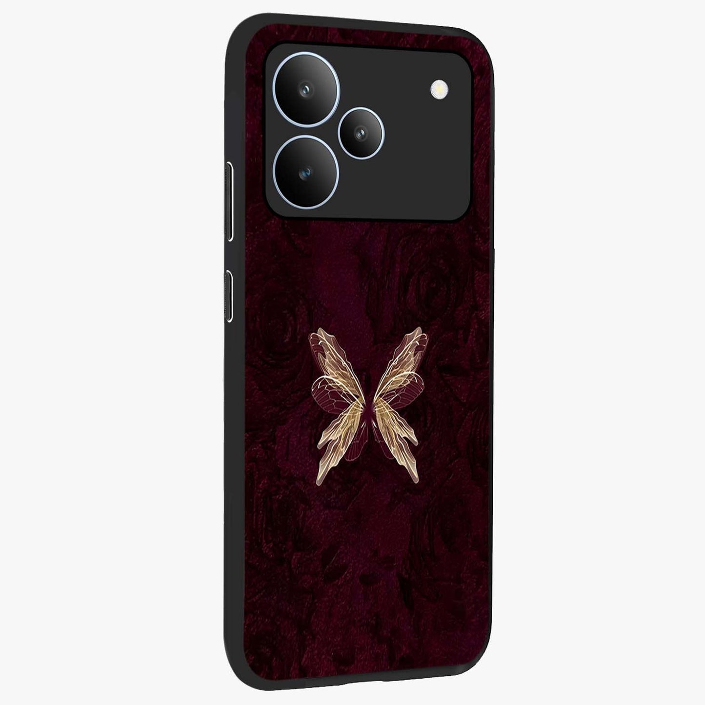 Crimson Fade Butterfly Glass Case upright view showcasing graceful butterfly artwork with soft crimson fade effect.