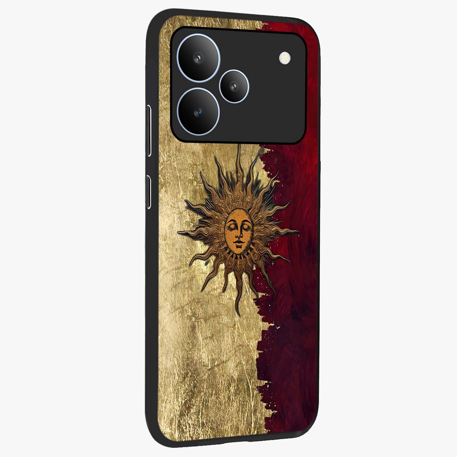Crimson Sun Majesty Glass Case upright view showcasing vibrant sun artwork with powerful celestial theme.