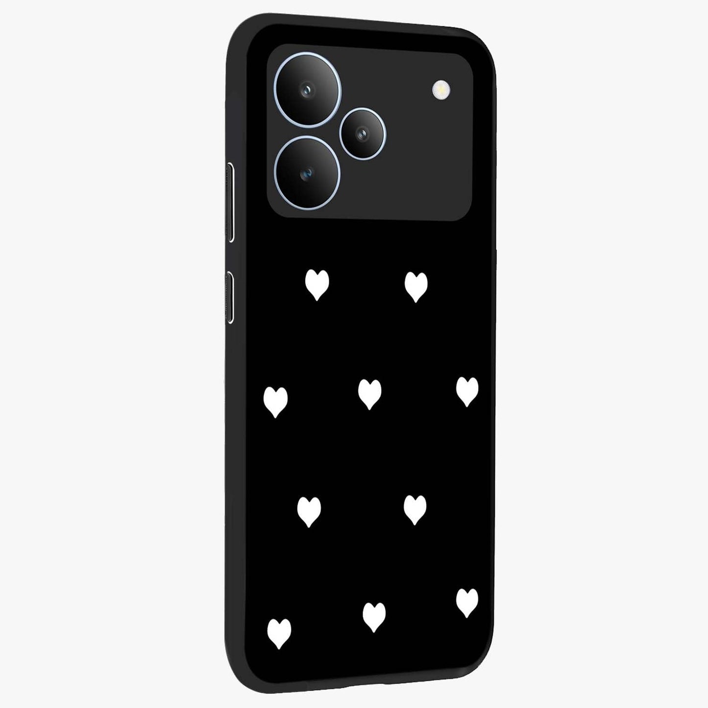 Cute And Simple White Hearts Glass Case upright view showcasing simple white hearts artwork with soft minimal theme.