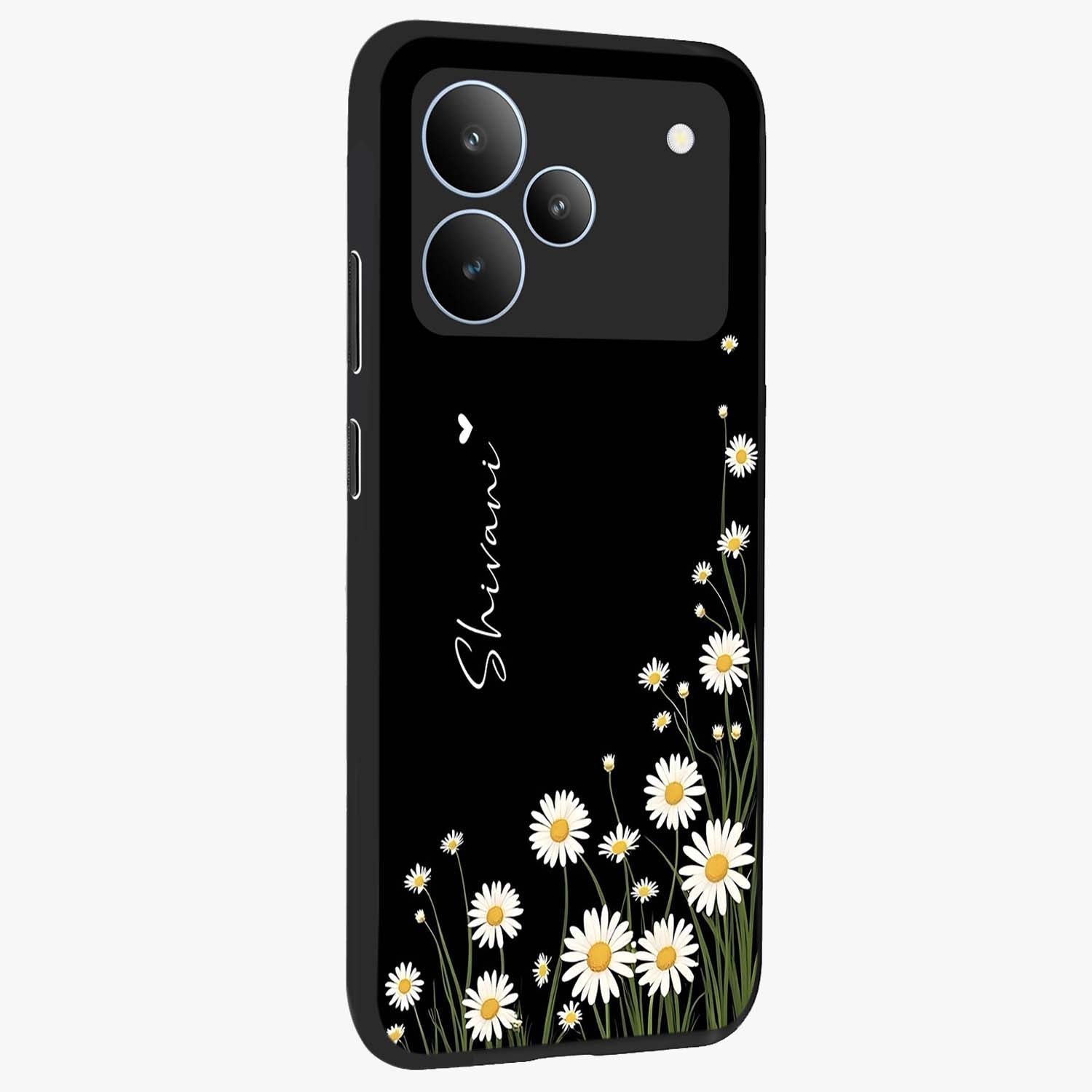 Daisy Cascade Custom Name Glass Case upright view showcasing elegant floral cascade design with personalized aesthetic.