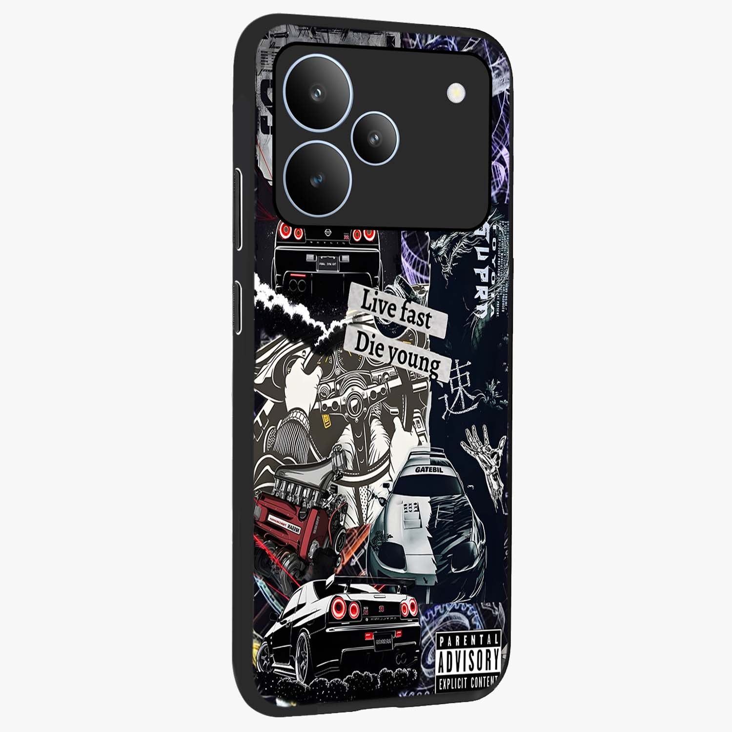 Die Young Glass Case upright view showcasing striking typography artwork with modern statement theme.