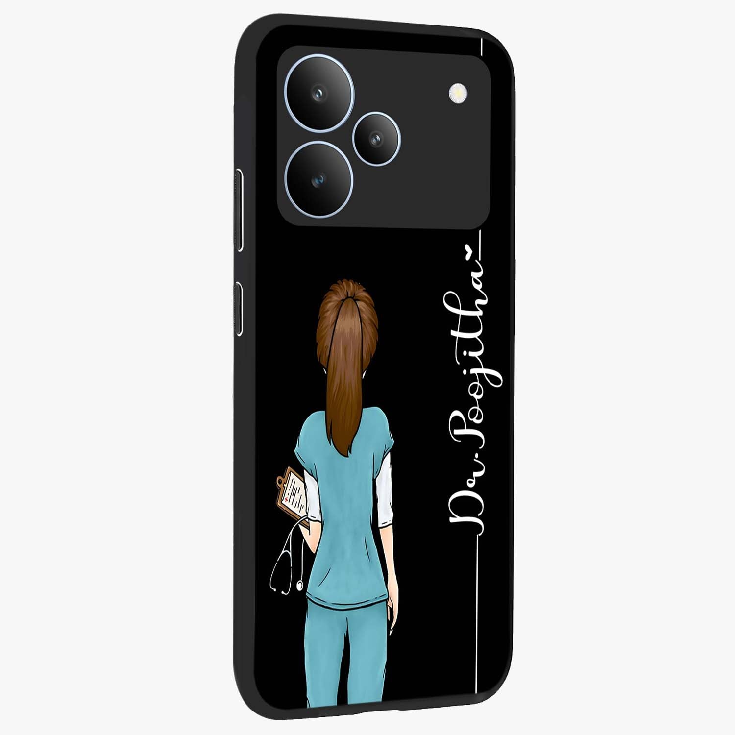 Doctor Pattern Custom Name Glass Case upright view showcasing healthcare themed design with personalized aesthetic.