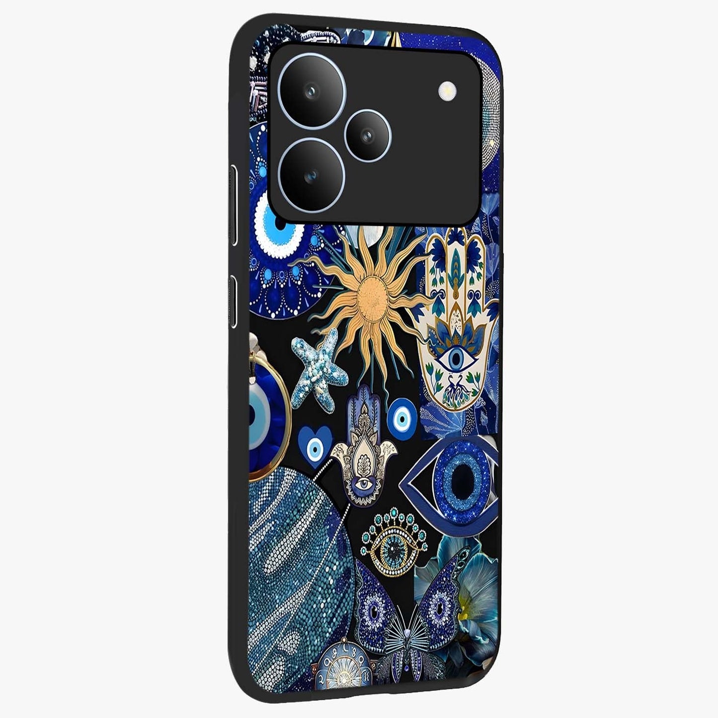 Evil Eye Charm Mix Glass Case upright view showcasing mystical evil eye pattern with vibrant decorative style.