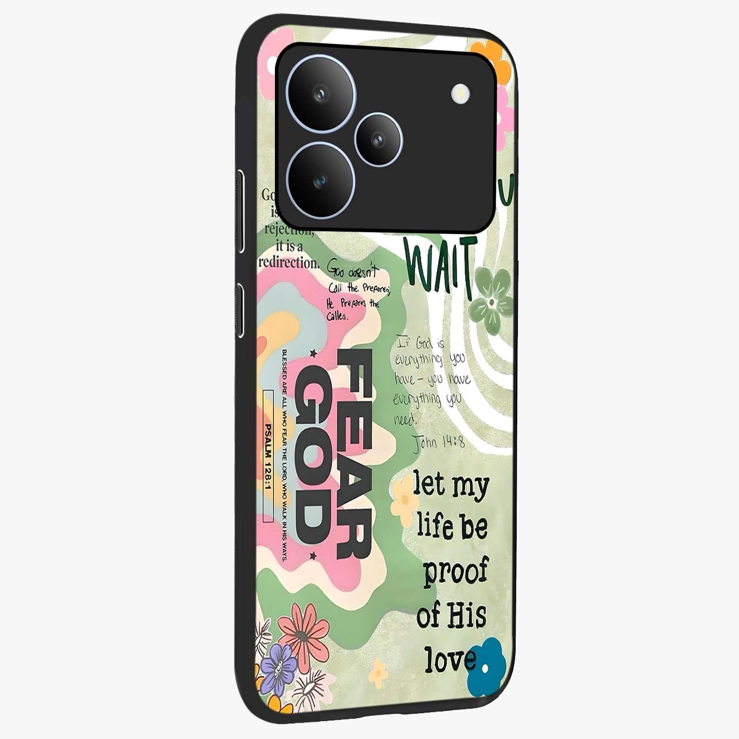 Faith Over Fear Glass Case upright view showcasing bold typography artwork with uplifting motivational theme.