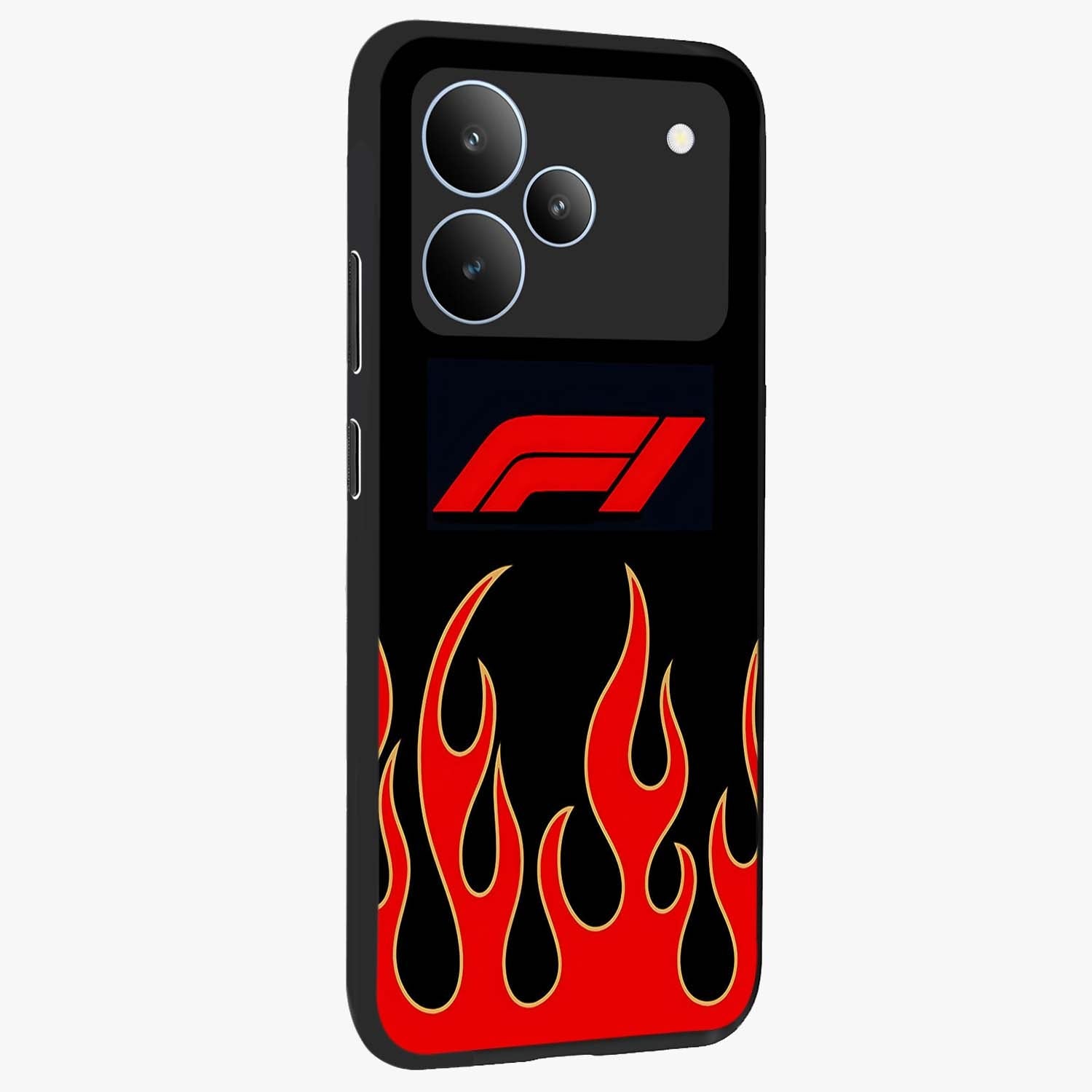 Fire F11 Glass Case upright view showcasing dynamic flame artwork with intense visual theme.