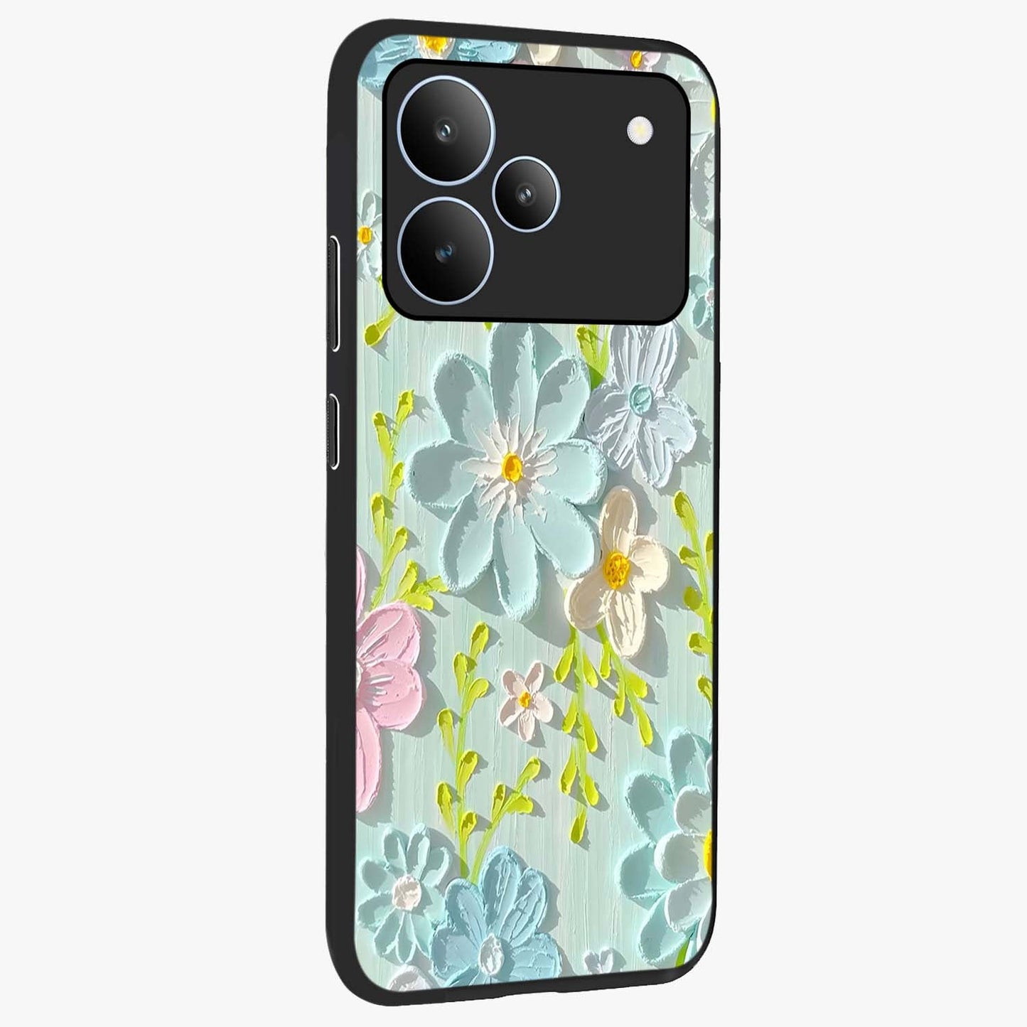 Frosted Petal Garden Glass Case upright view showcasing elegant floral garden artwork with soothing pastel theme.