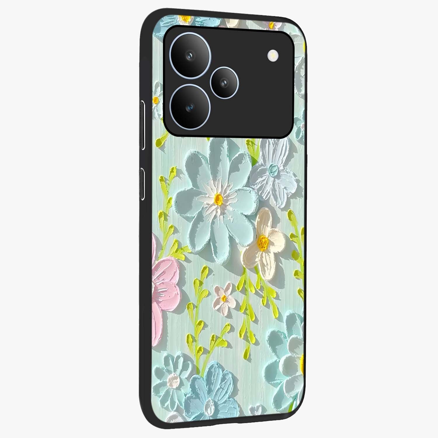 Frosted Petal Garden Glass Case upright view showcasing elegant floral garden artwork with soothing pastel theme.