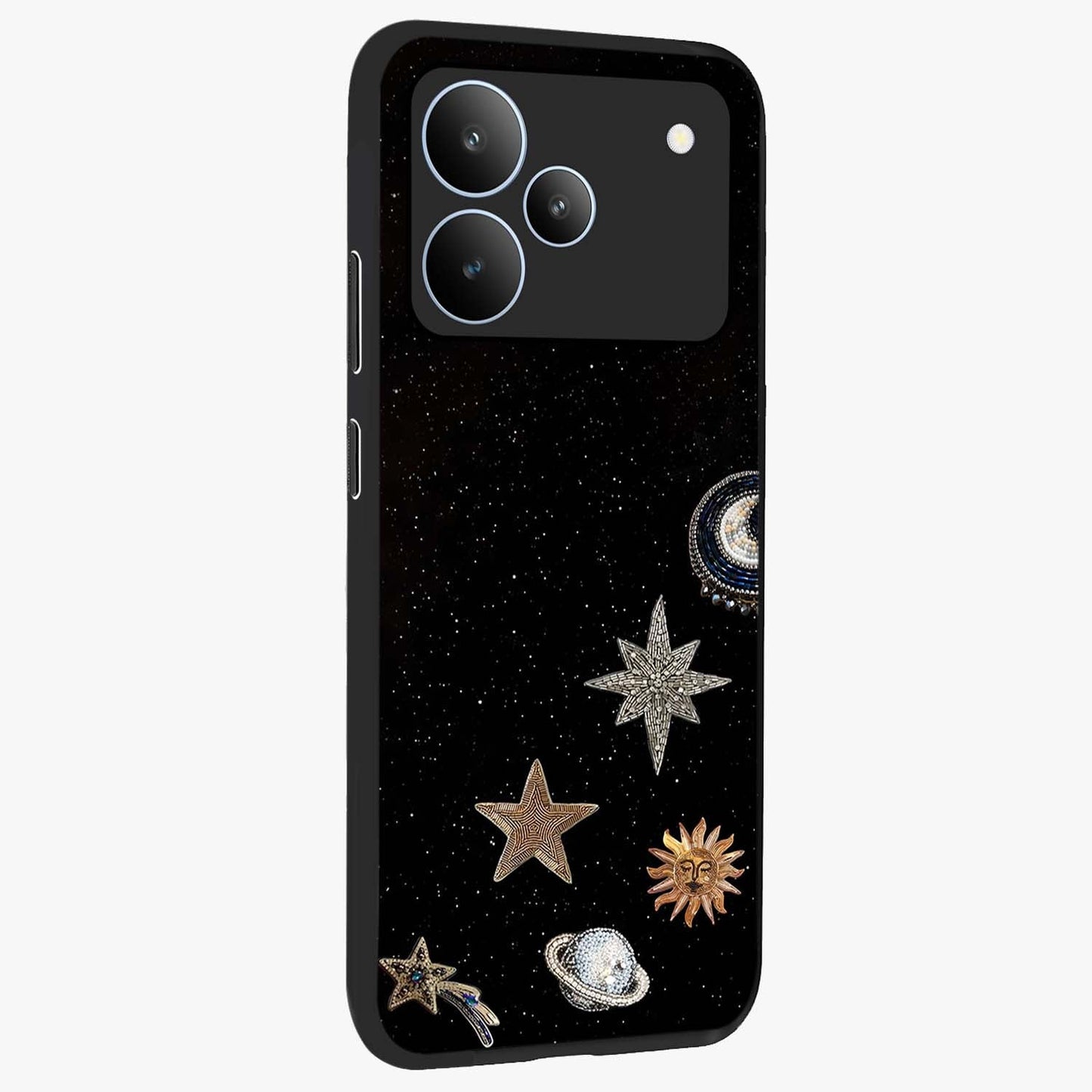 Galactic Charm Glow Glass Case upright view showcasing glowing cosmic charm artwork with magical celestial style.