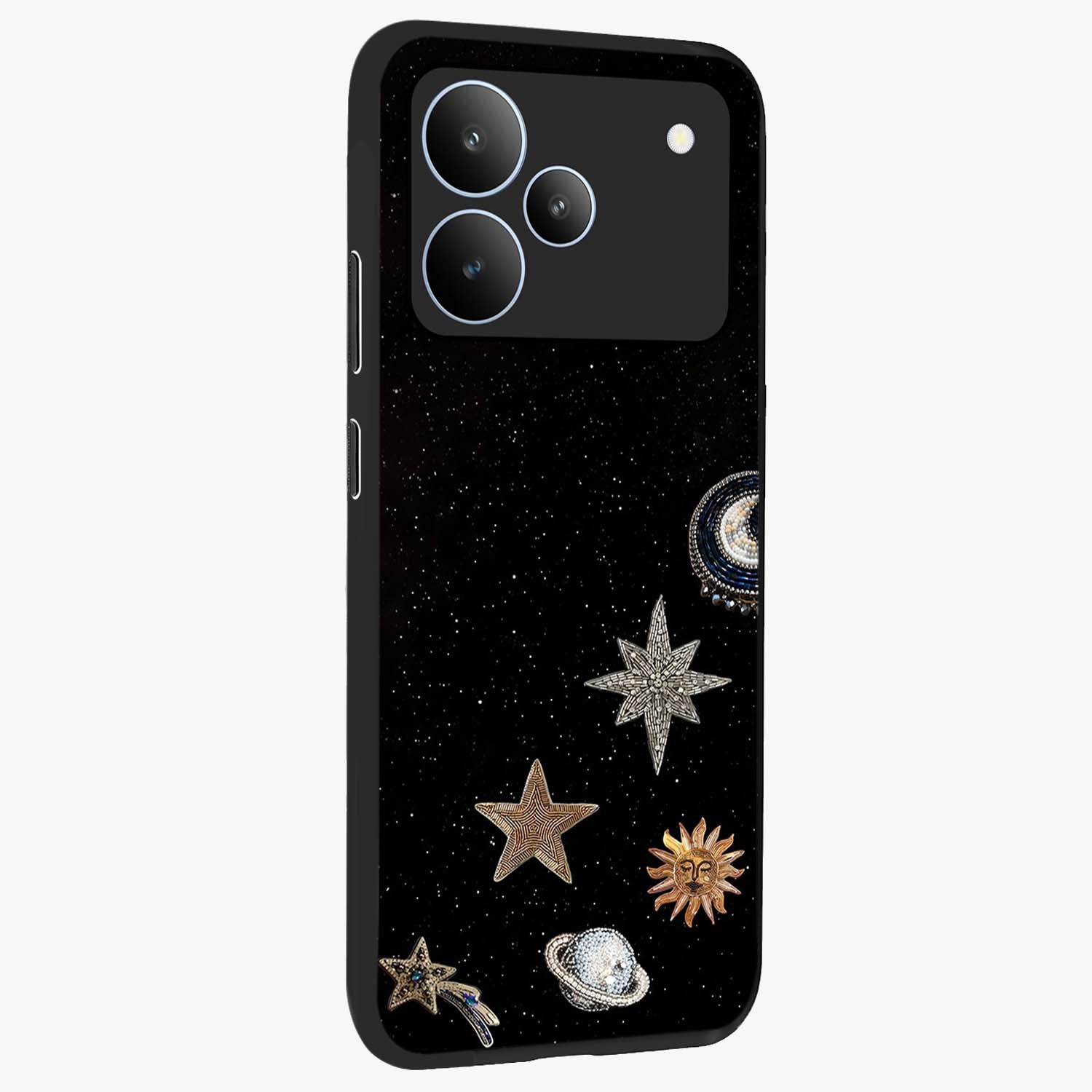Galactic Charm Glow Glass Case upright view showcasing glowing cosmic charm artwork with magical celestial style.