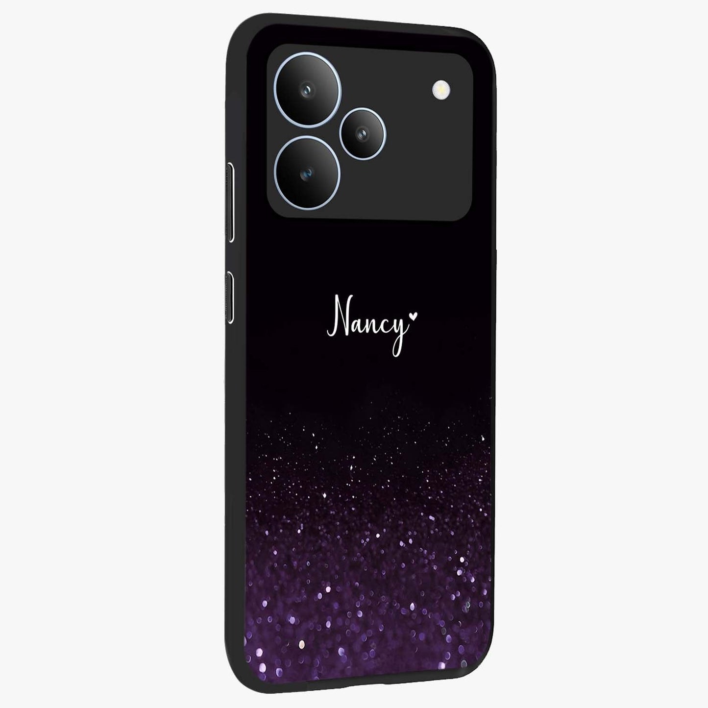 Glittery Purple Bokeh Custom Name Glass Case upright view showcasing vibrant purple sparkle artwork with personalized aesthetic style.