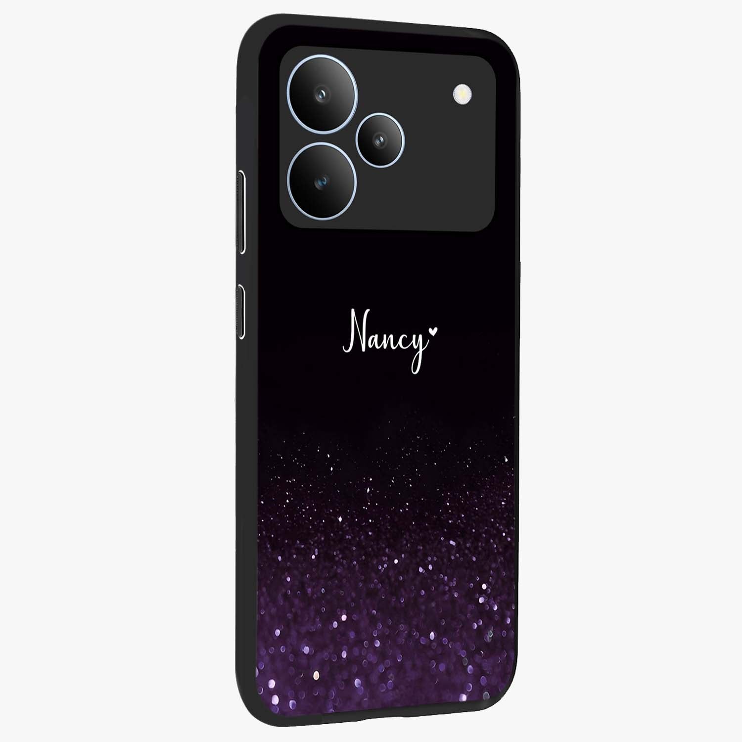 Glittery Purple Bokeh Custom Name Glass Case upright view showcasing vibrant purple sparkle artwork with personalized aesthetic style.