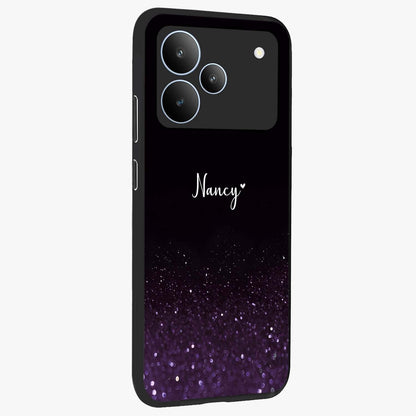 Glittery Purple Bokeh Custom Name Glass Case upright view showcasing vibrant purple sparkle artwork with personalized aesthetic style.