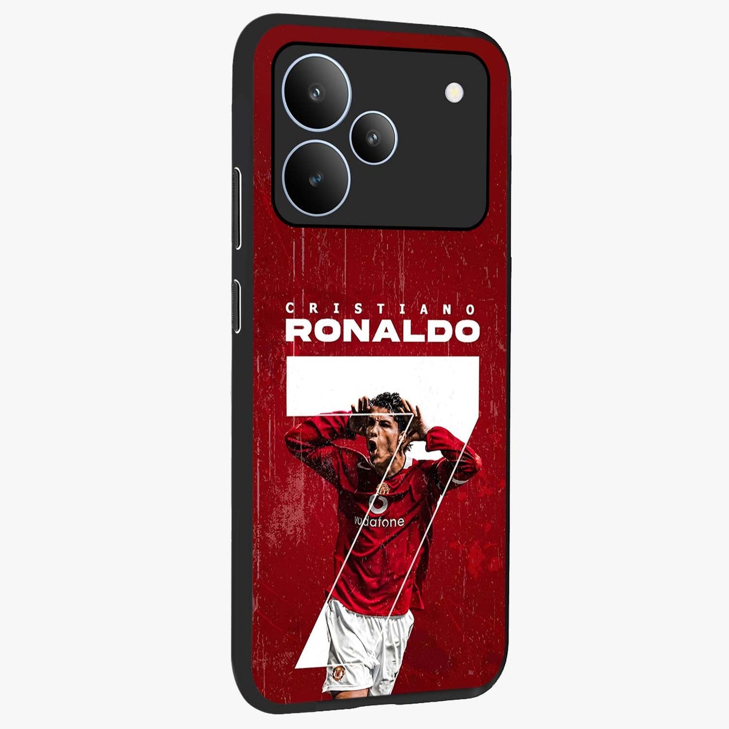 Goal Celebration Legacy Glass Case upright view showcasing dynamic football inspired artwork with victory celebration aesthetic.