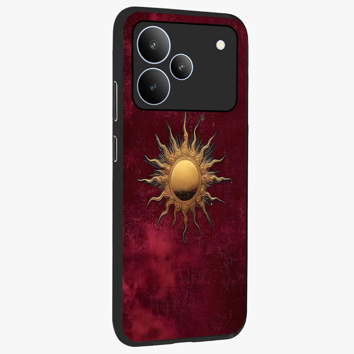 Golden Sun Minimalism Glass Case upright view showcasing simple golden sun artwork with elegant minimalist style.