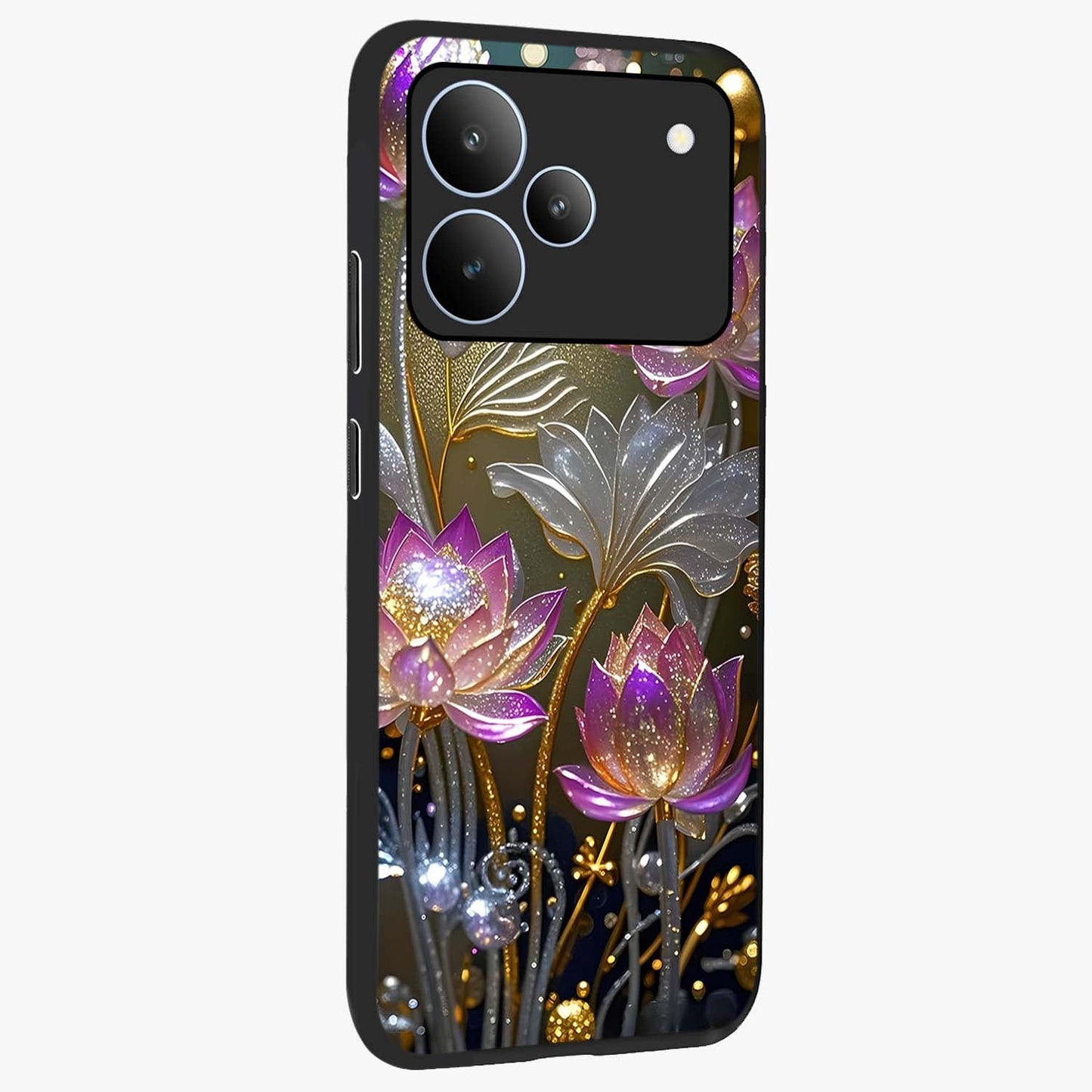 Golden Floral Majesty Glass Case upright view showcasing majestic floral artwork with rich decorative theme.