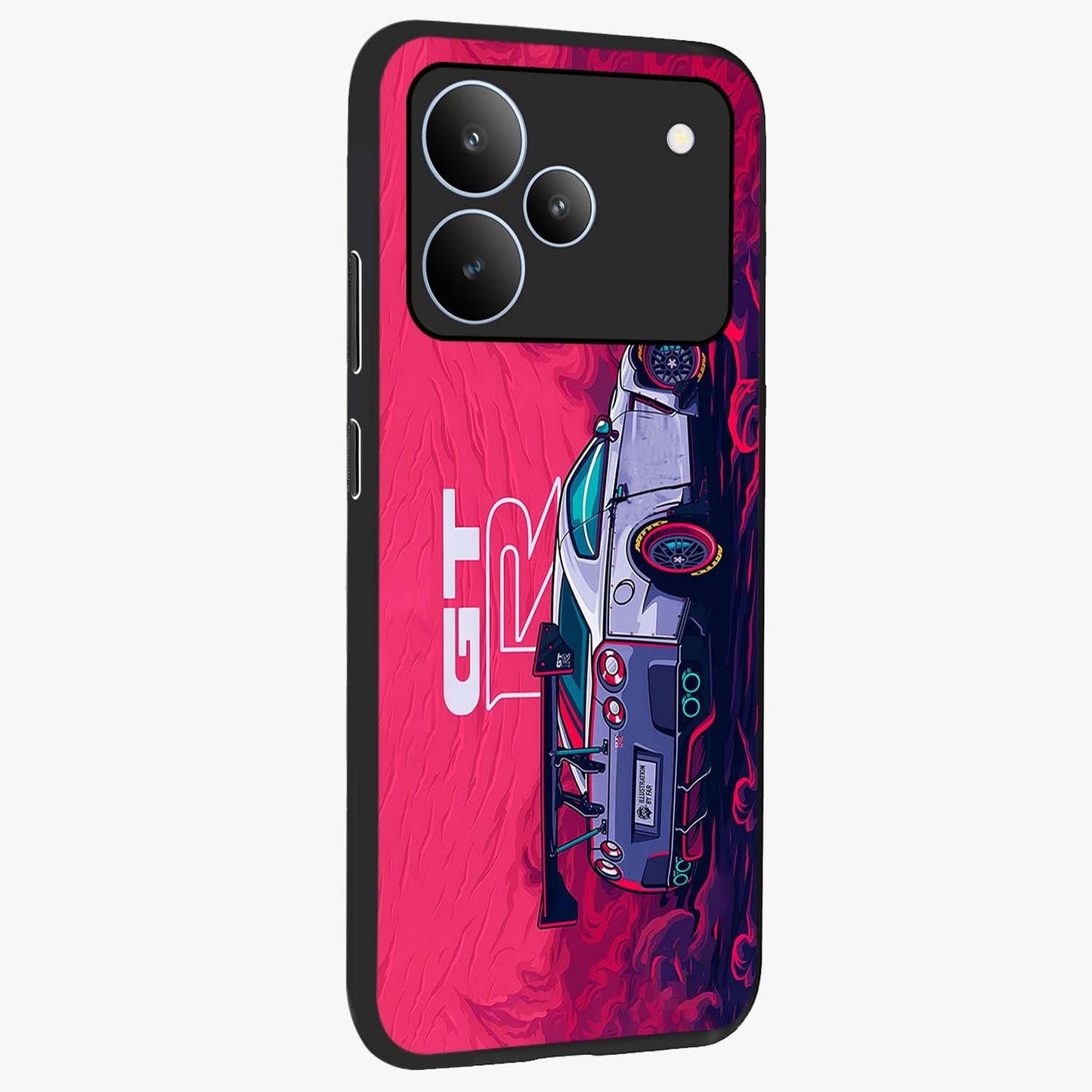 GT-R Car Pattern Glass Case upright view showcasing dynamic car pattern artwork with modern sports theme.