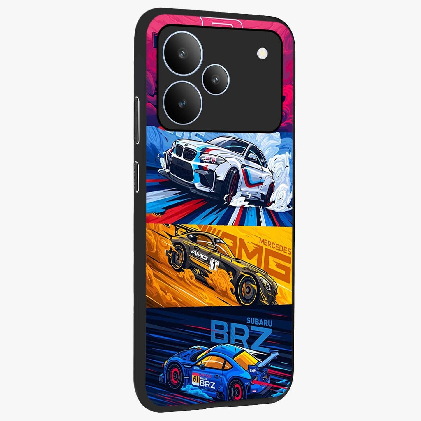 JDM Sports Car Glass Case upright view showcasing dynamic sports car artwork with bold racing theme.