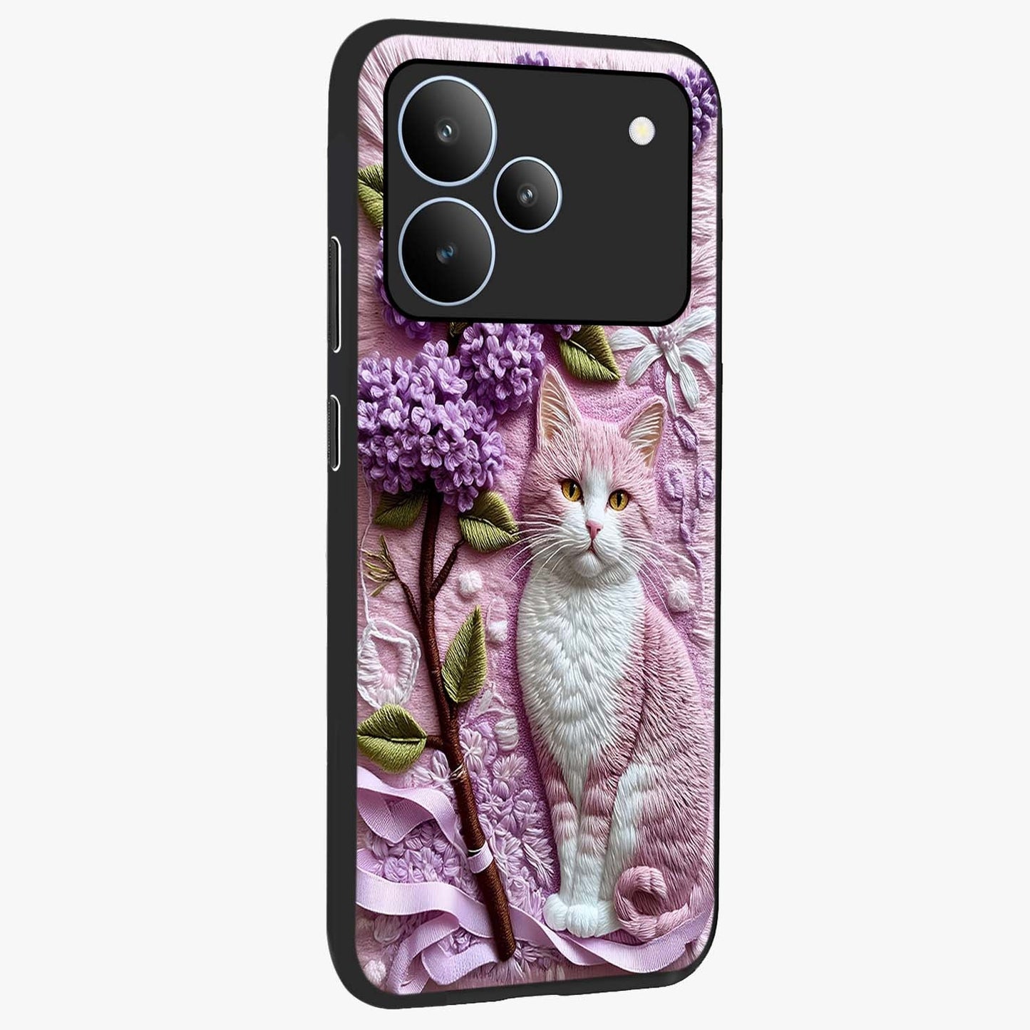 Lavender Cat Whimsy Glass Case upright view showcasing charming cat artwork with whimsical lavender theme.