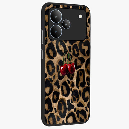 Leopard Wild Cherry Glass Case upright view showcasing stylish leopard pattern artwork with trendy fashion theme.