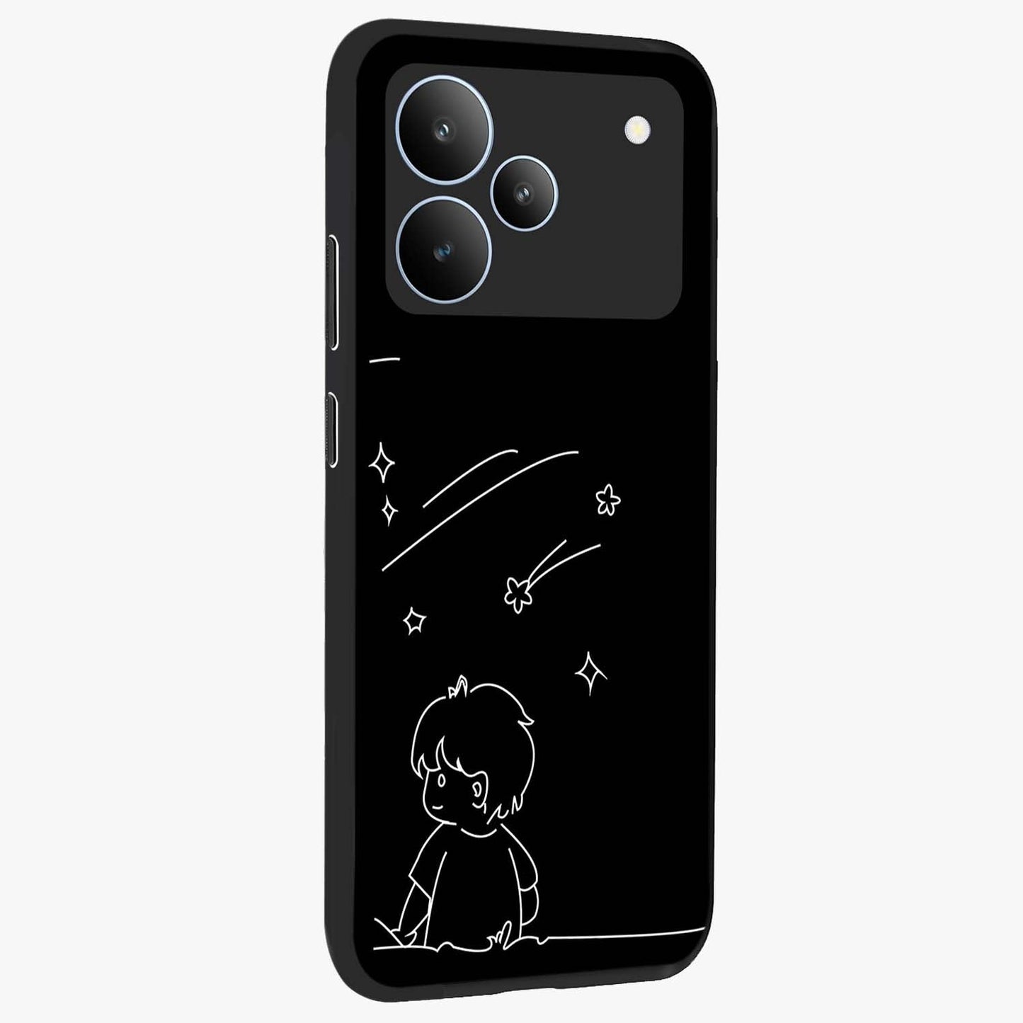 Line Art Boy With Shooting Stars Glass Case upright view showcasing artistic shooting star illustration with minimal style.