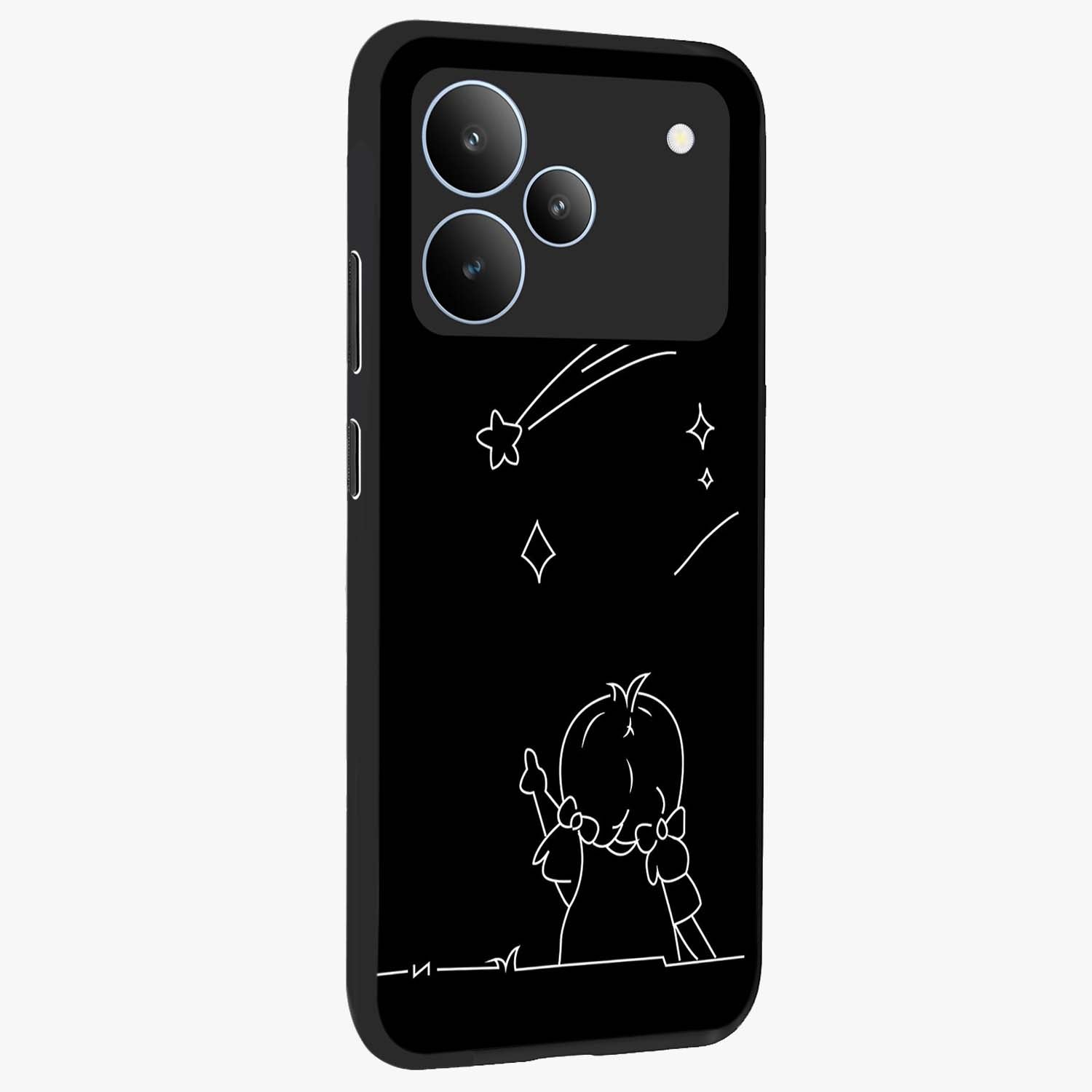 Line Art Girl With Shooting Stars Glass Case upright view showcasing delicate shooting stars artwork with minimal artistic theme.