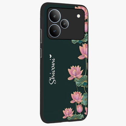 Lotus Bloom Serenity Custom Name Glass Case upright view showcasing serene lotus bloom artwork with personalized floral aesthetic.
