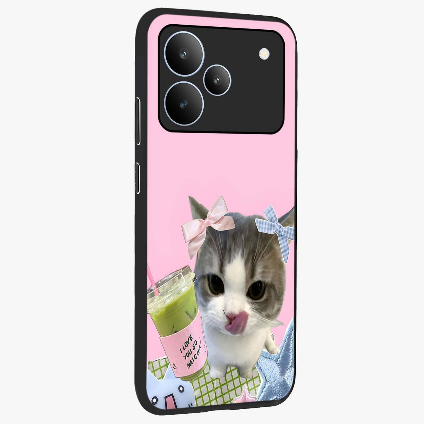 Love Matcha Cat Glass Case upright view showcasing adorable cat artwork with charming matcha themed design.