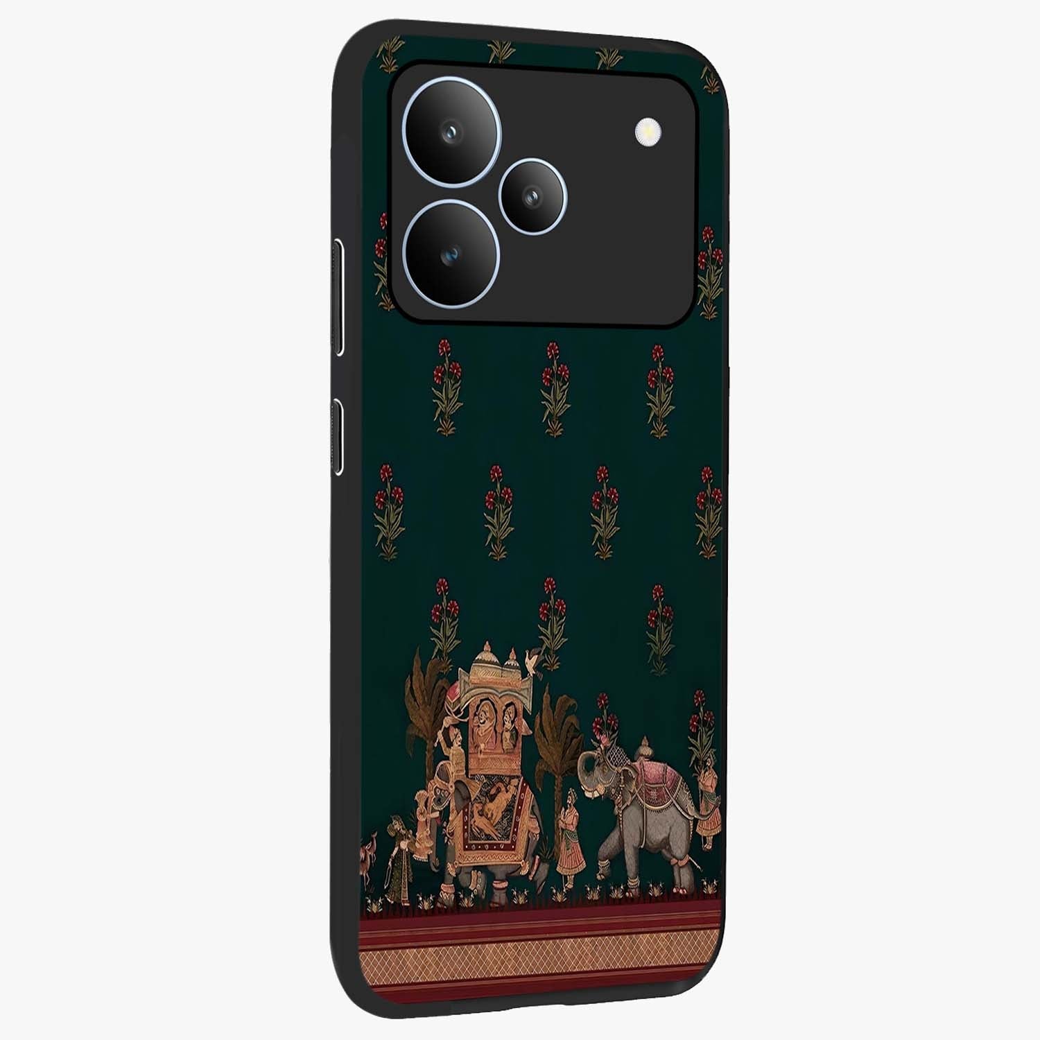 Macmerise Glass Case upright view showcasing bold artistic artwork with contemporary design theme.
