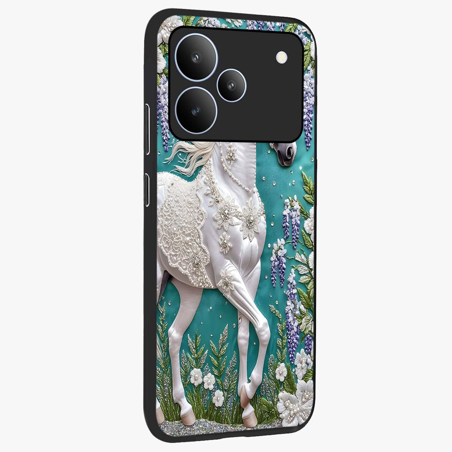 Majestic Floral Stallion Glass Case upright view showcasing dramatic horse artwork with decorative floral theme.