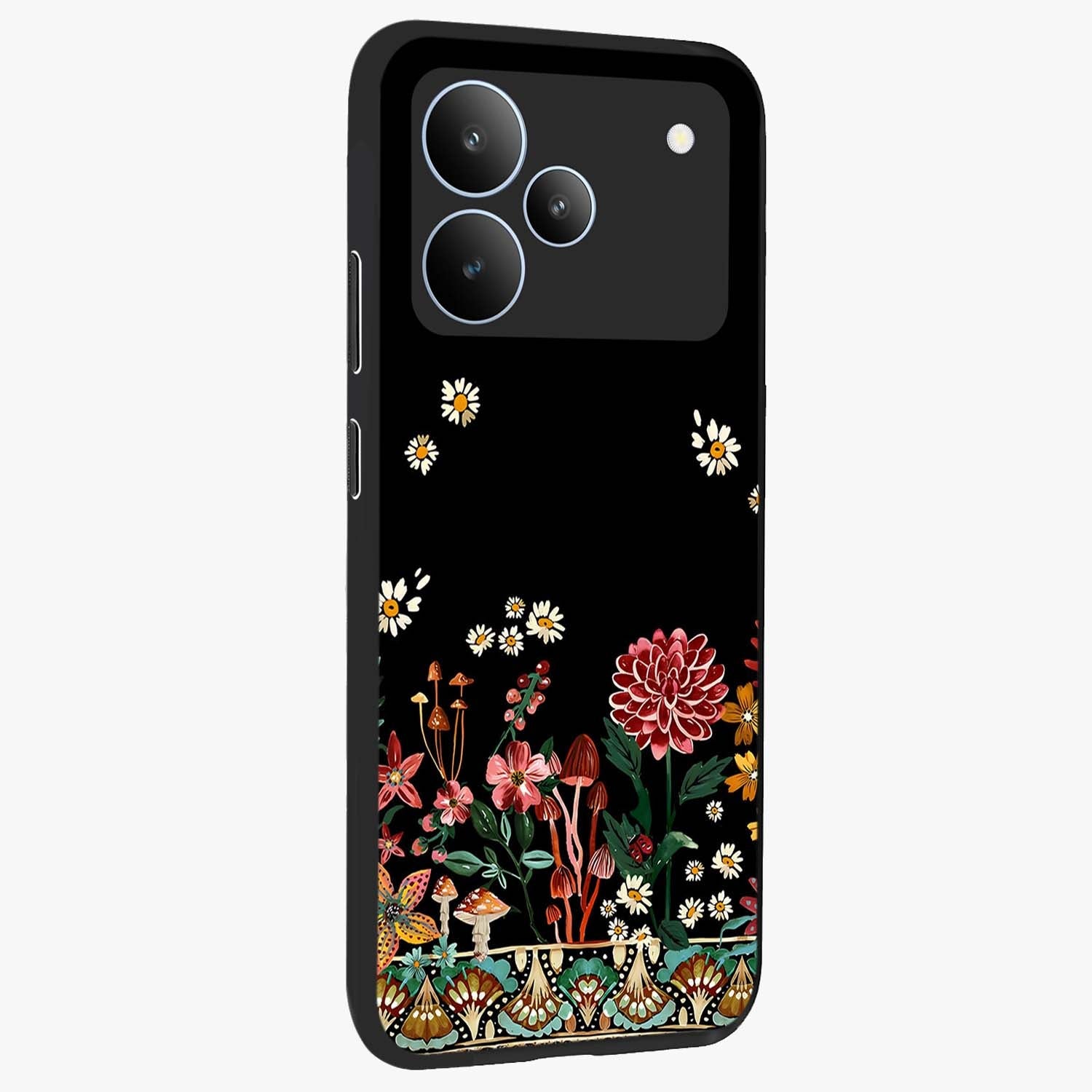 Midnight Bloom Pattern Glass Case upright view showcasing decorative floral artwork with deep night themed palette.