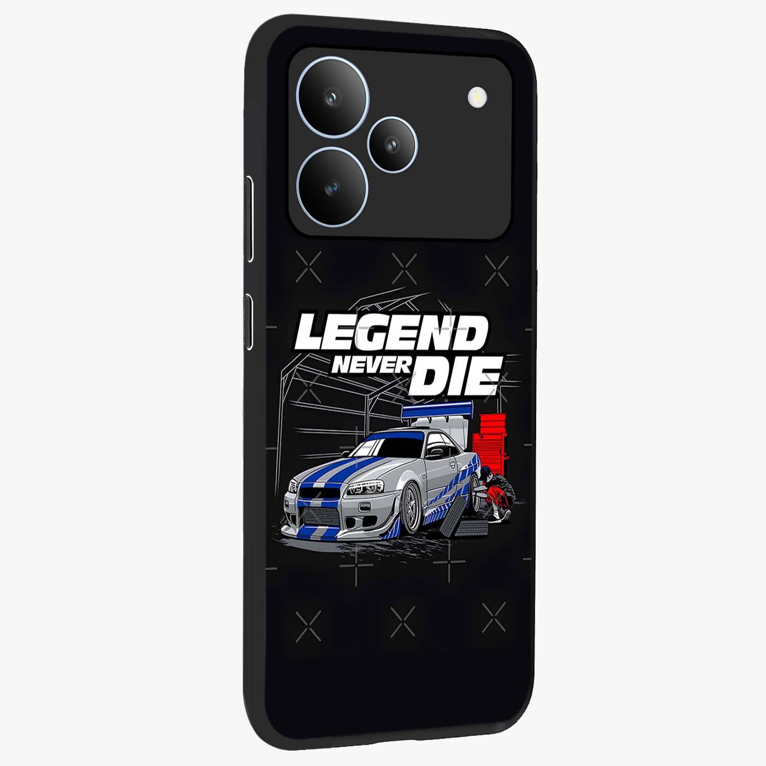 Midnight Racing Legacy Glass Case upright view showcasing powerful racing artwork with modern sports theme.