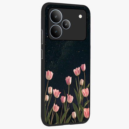 Midnight Tulip Whispers Vibe Glass Case upright view showcasing graceful tulip artwork with calm botanical theme.