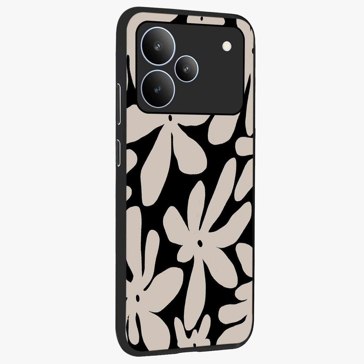 Monochrome Petal Dance Glass Case upright view showcasing artistic floral pattern with stylish monochrome theme.