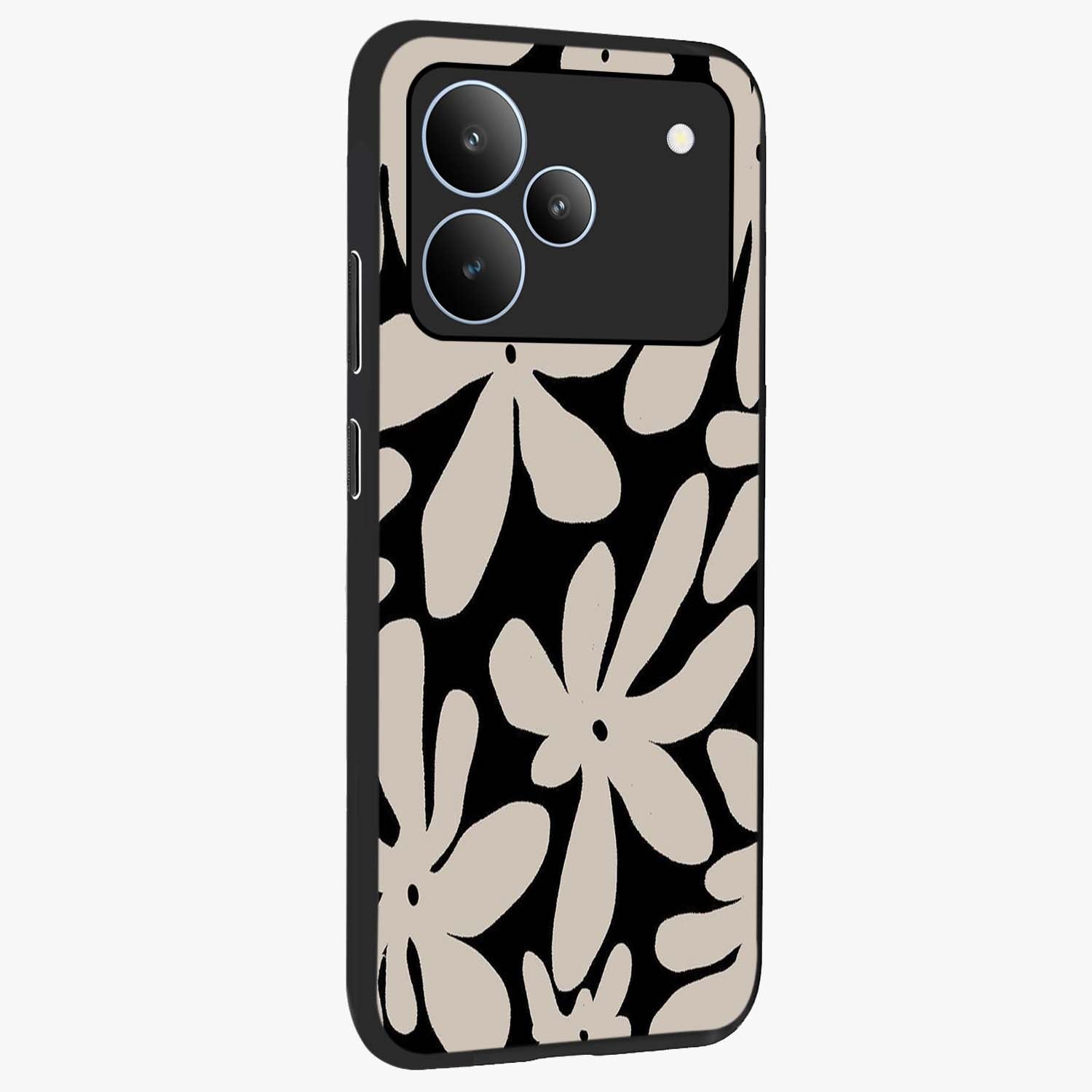 Monochrome Petal Dance Glass Case upright view showcasing artistic floral pattern with stylish monochrome theme.