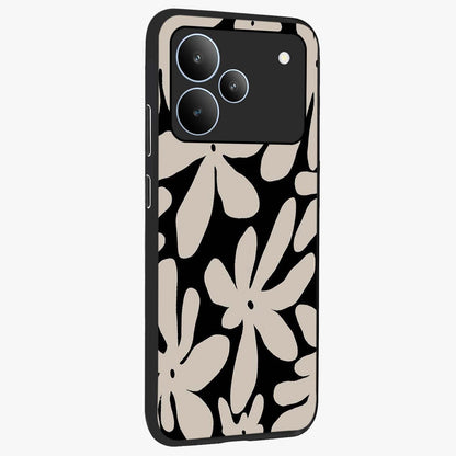 Monochrome Petal Dance Glass Case upright view showcasing artistic floral pattern with stylish monochrome theme.