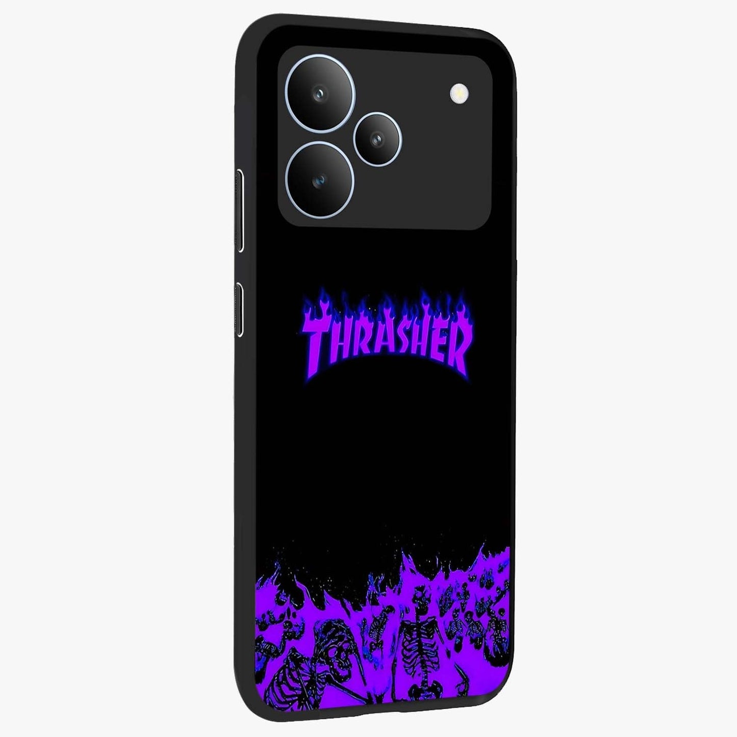 Neon Flame Riot Glass Case upright view showcasing dynamic flame artwork with energetic neon theme.