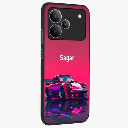 Neon Pink Porsche Glass Case upright view showcasing vibrant sports car artwork with bold automotive theme.