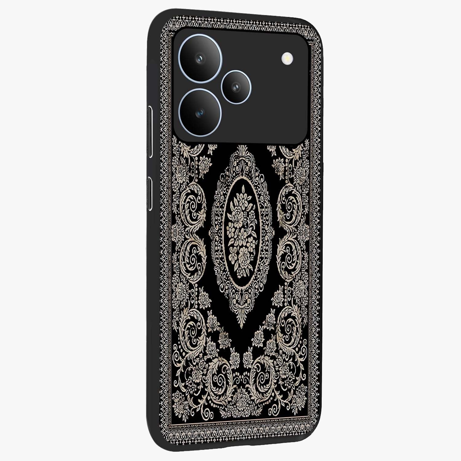 Noir Bloom Elegance Glass Case upright view showcasing graceful floral artwork with luxurious dark theme.