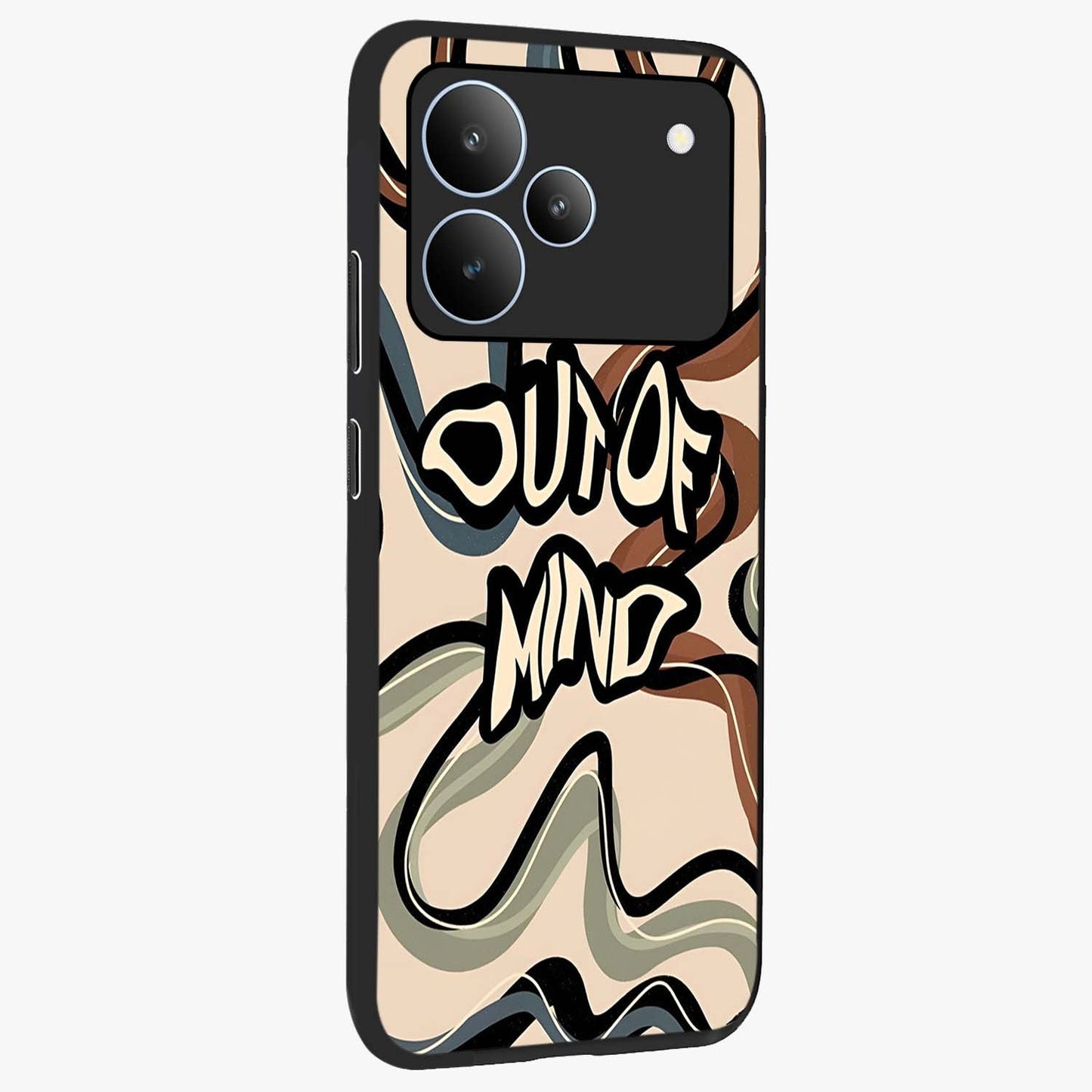 Out Of Mind Glass Case upright view showcasing striking typography artwork with edgy conceptual theme.