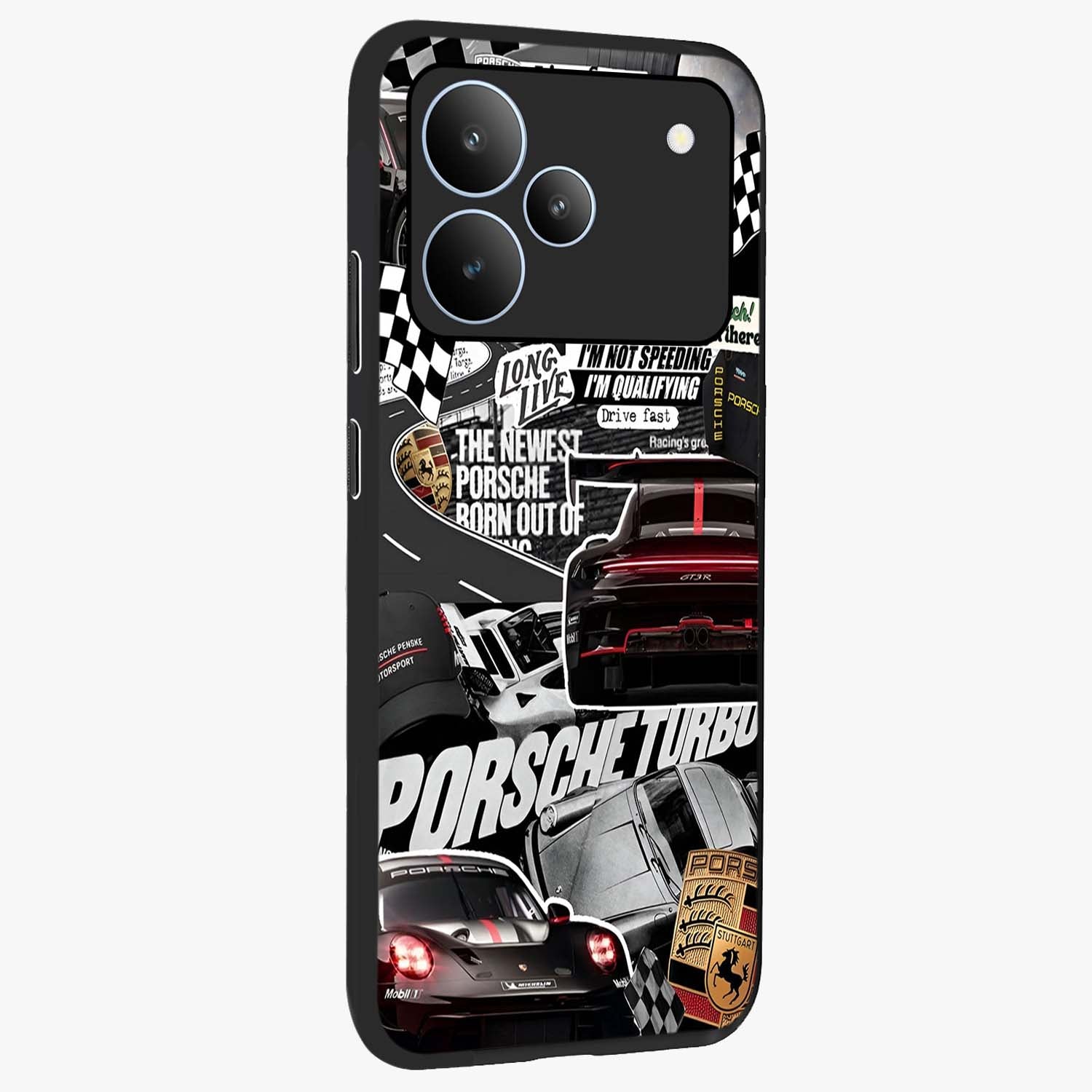 Porsche Racing Collage Glass Case upright view showcasing energetic car collage artwork with high speed racing theme.