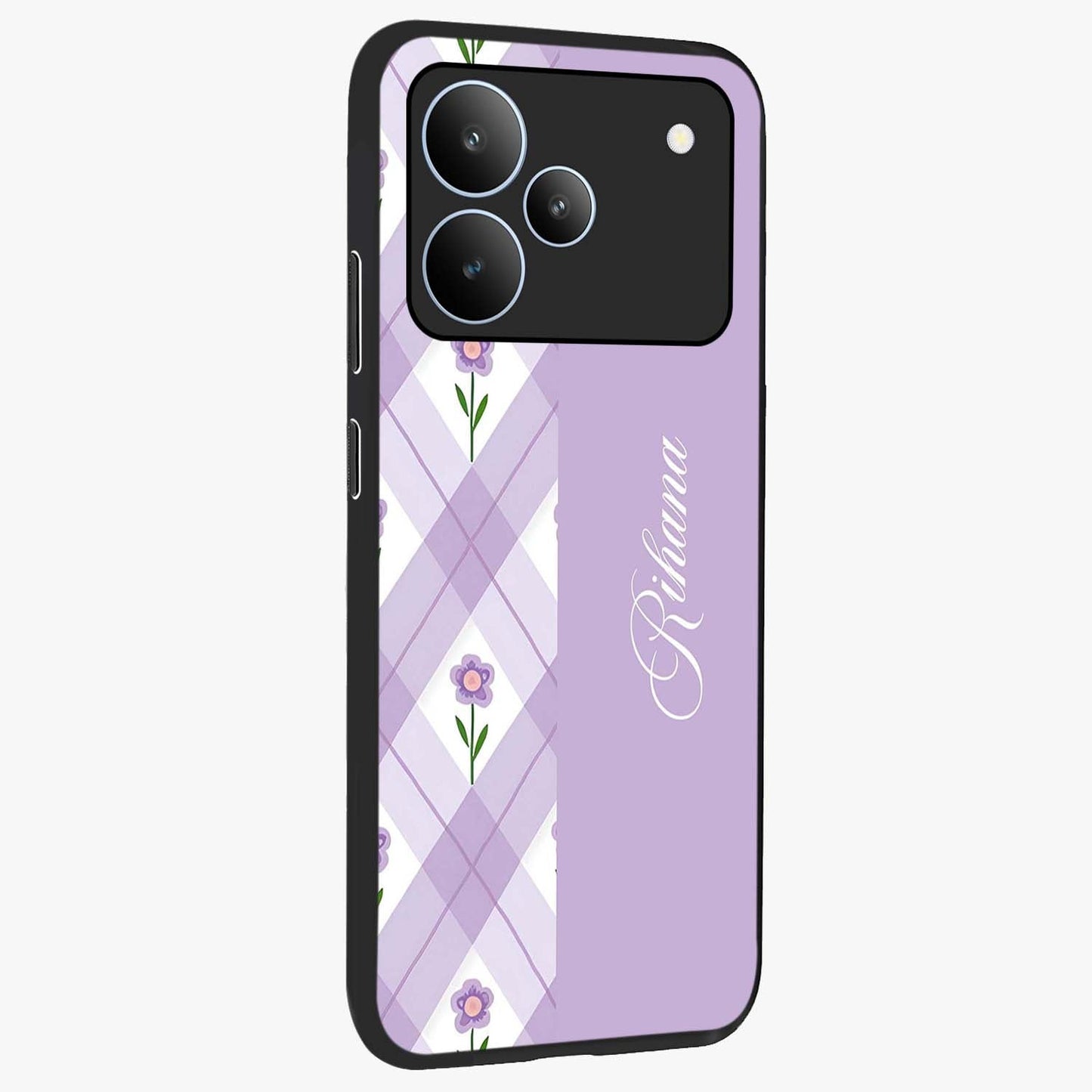 Purple Diamond Floral Glass Case upright view showcasing vibrant floral artwork with stylish geometric theme.