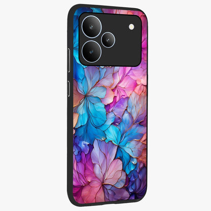 Radiant Floral Whirl Glass Case upright view showcasing lively floral artwork with decorative swirl theme.