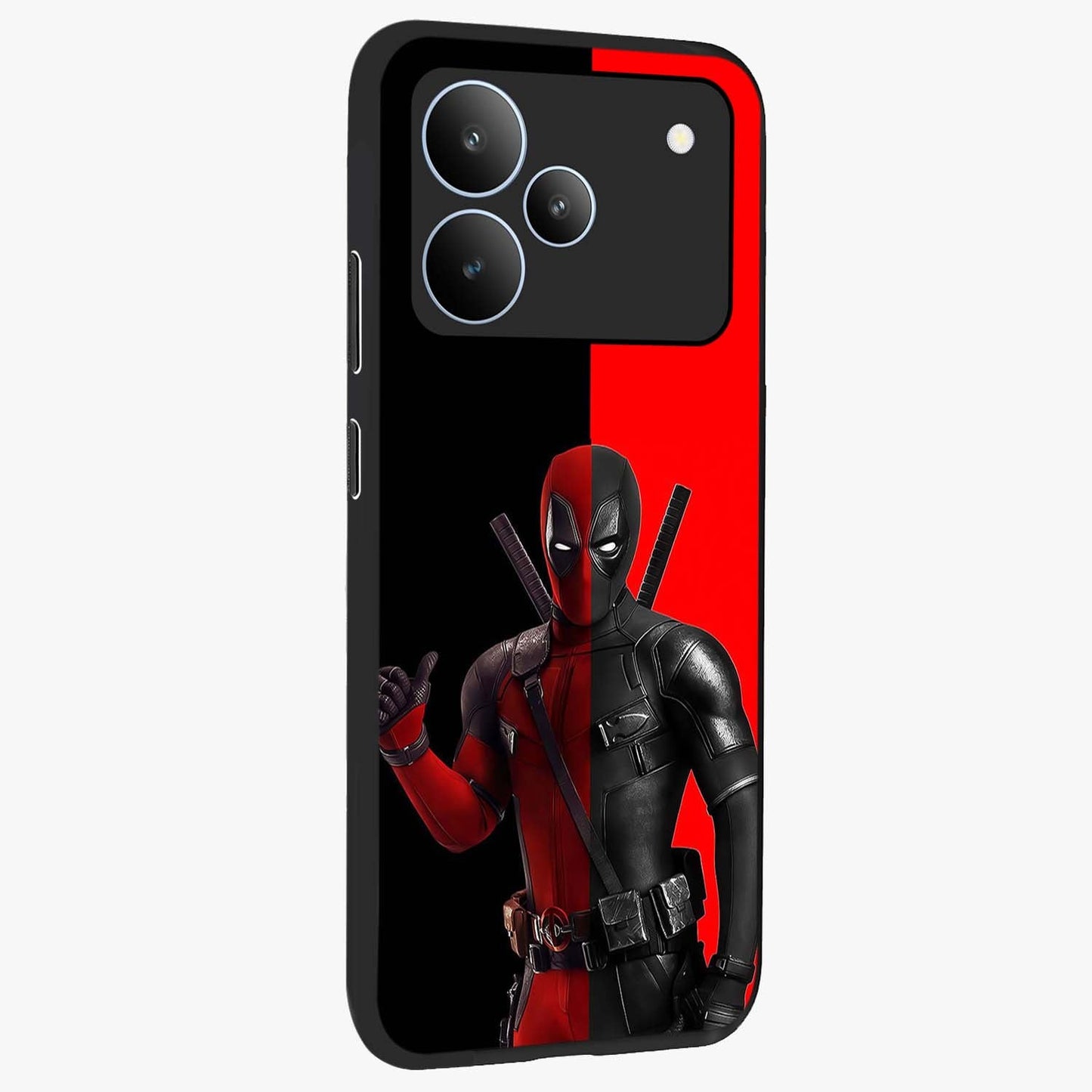 Red & Black Deadpool Theme Glass Case upright view showcasing energetic comic themed artwork with striking red and black design.