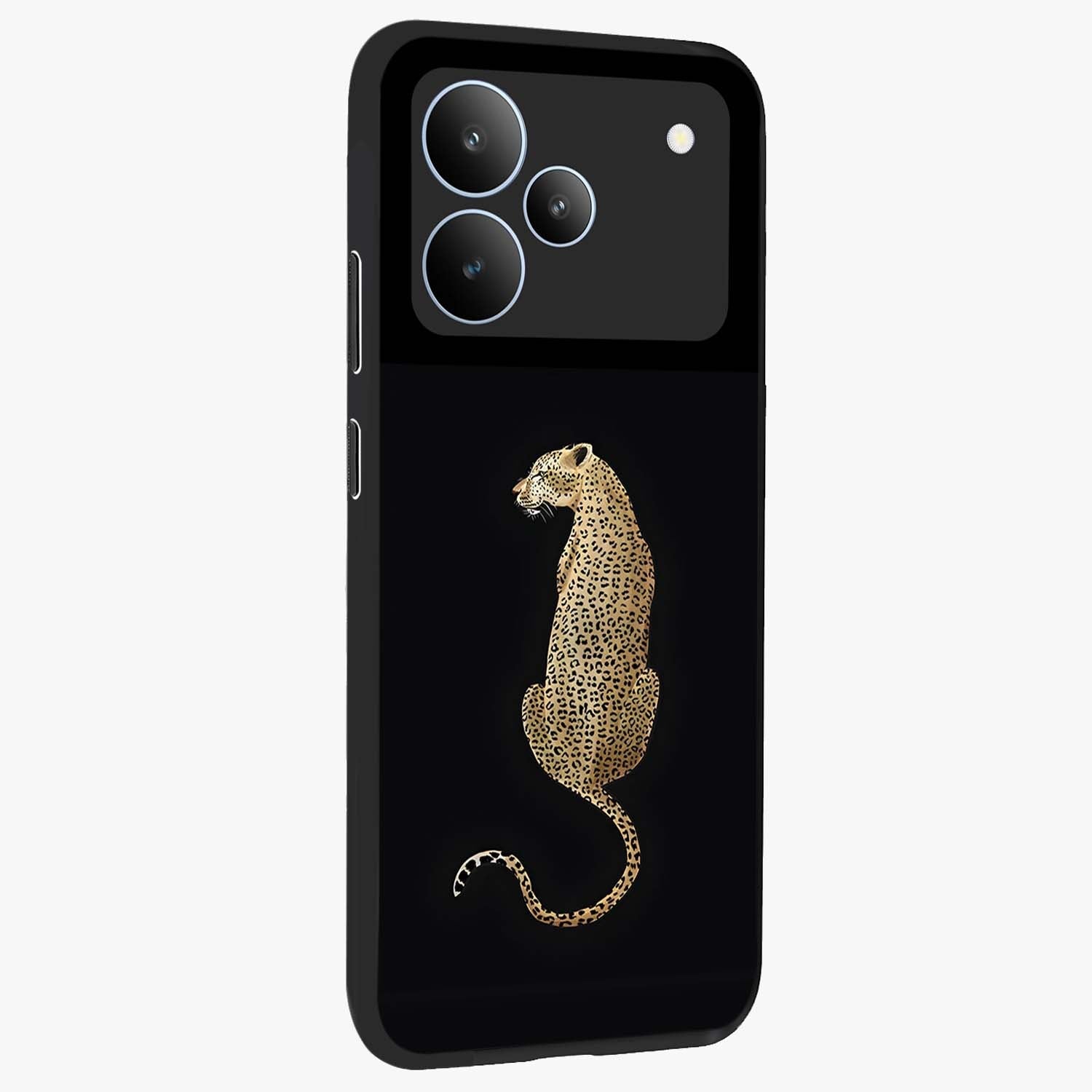 Regal Leopard Glass Case upright view showcasing striking leopard artwork with fierce wildlife theme.