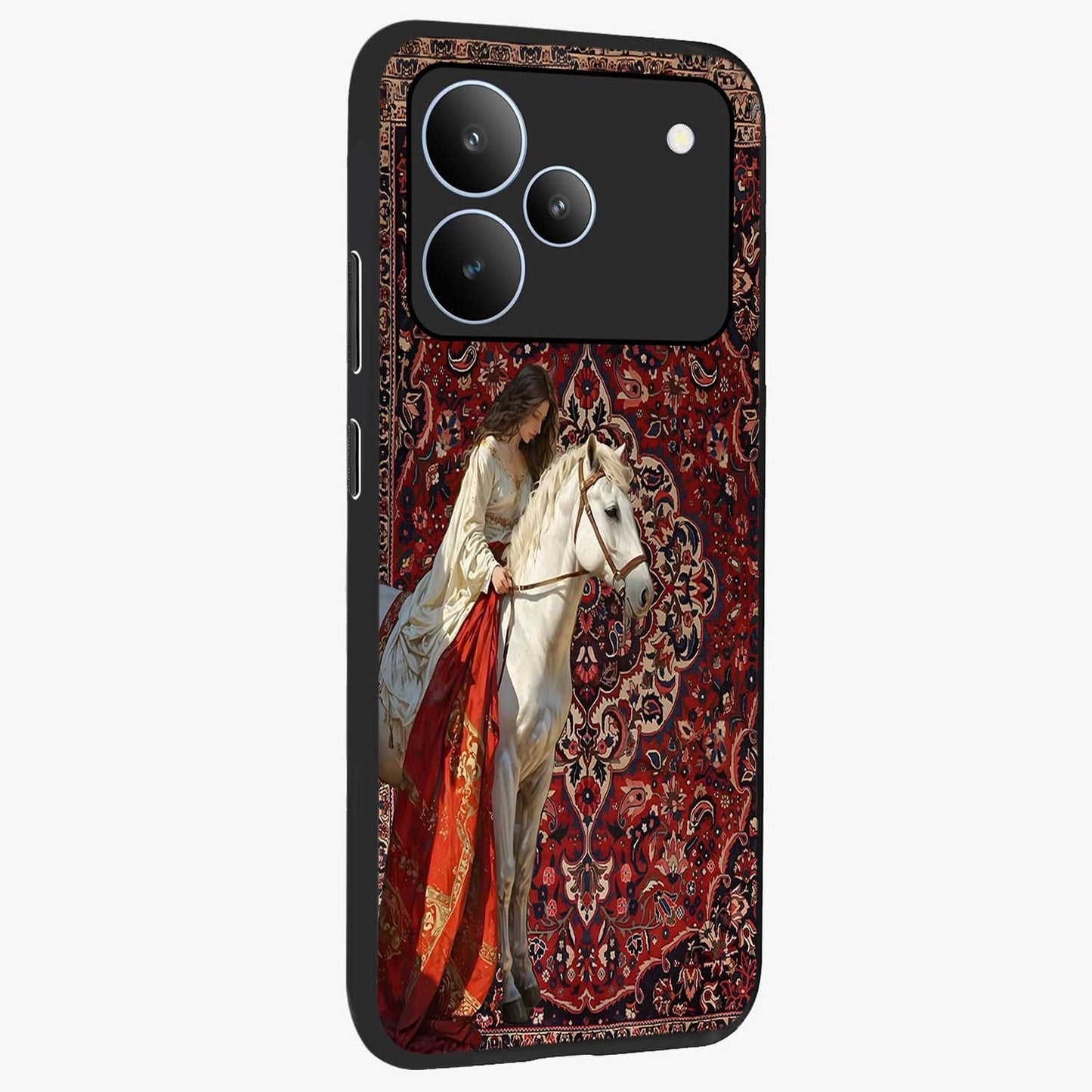 Royal Rider Tapestry Glass Case upright view showcasing detailed rider artwork with classic tapestry theme.