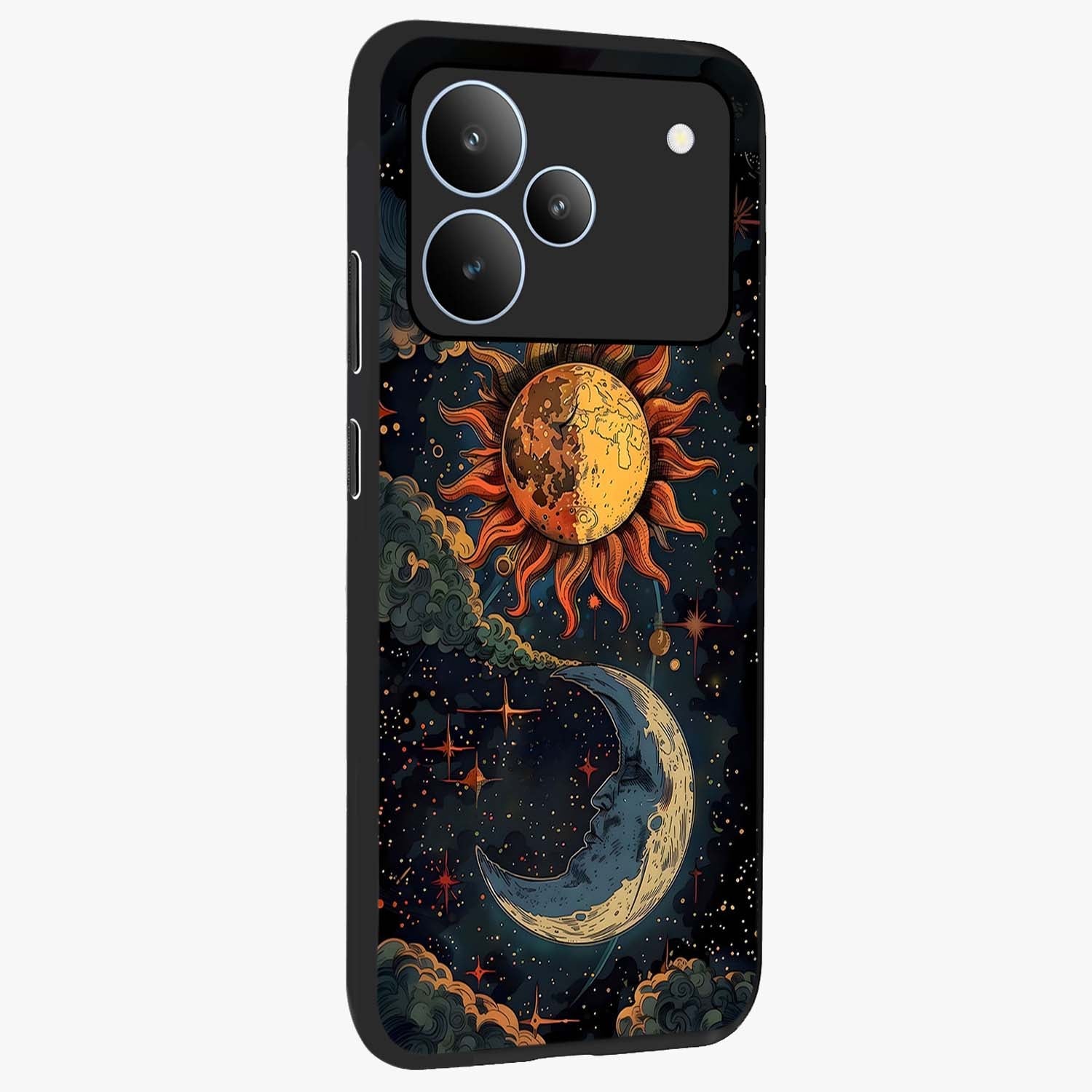 Sun And Moon Magic Design Glass Case upright view showcasing decorative sun and moon artwork with spiritual celestial theme.