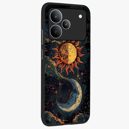 Sun And Moon Magic Design Glass Case upright view showcasing decorative sun and moon artwork with spiritual celestial theme.