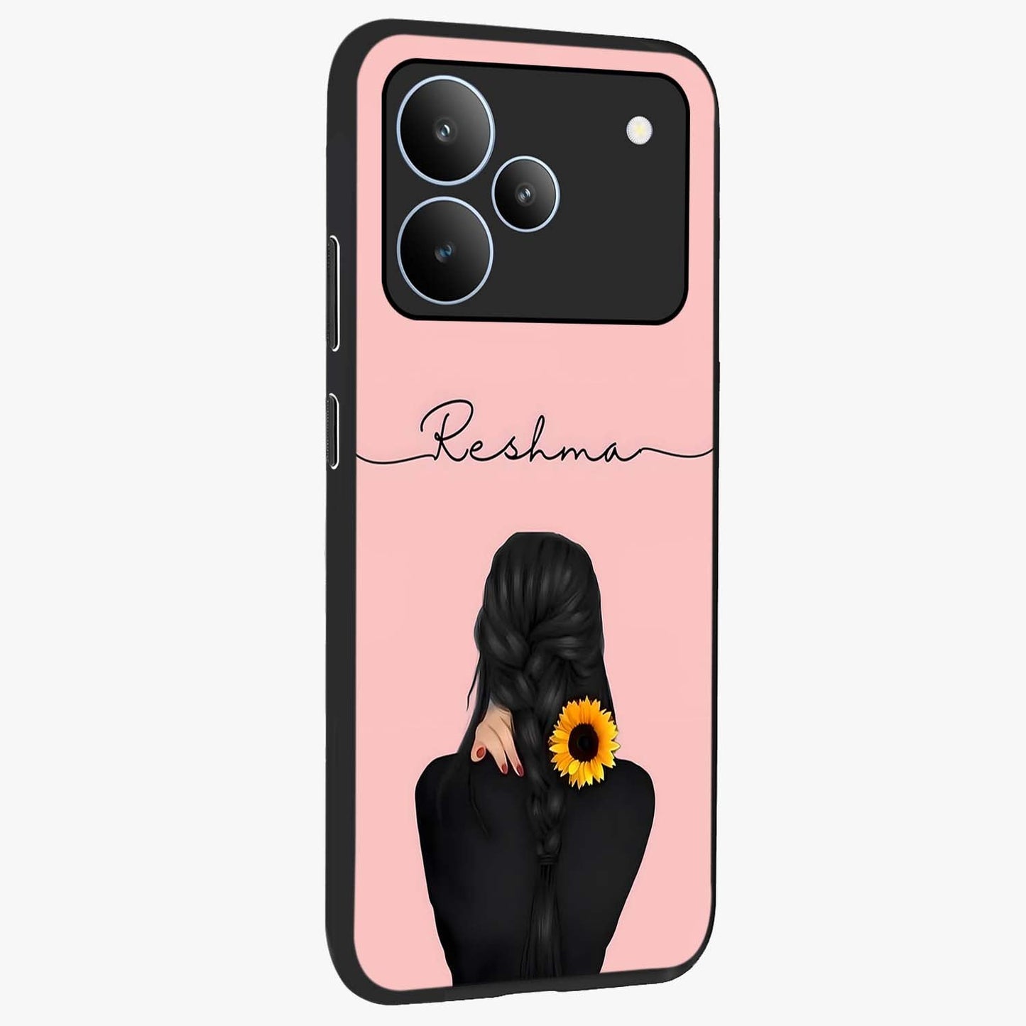 Sunflower Braid Beauty With Custom Name Glass Case upright view showcasing bright sunflower artwork with personalized floral aesthetic.